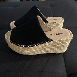 Soda Black Platform Mules with Tan Espadrille Sole